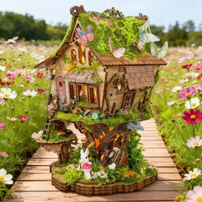 Seitliche Ansicht des Miniatur Haus Bausatz - Rowan's Treehouse mit gut sichtbaren Elementen