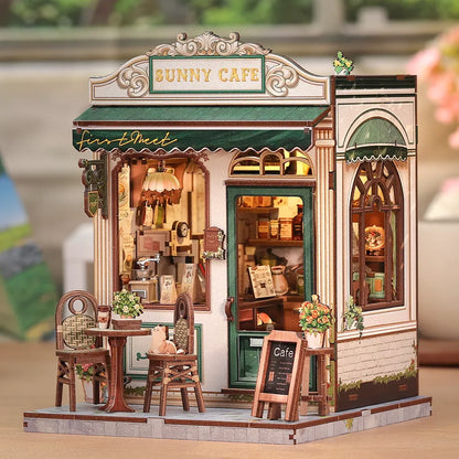 Seitliche Ansicht des Miniatur Haus Bausatz - Sunny Cafe mit gut sichtbaren Elementen