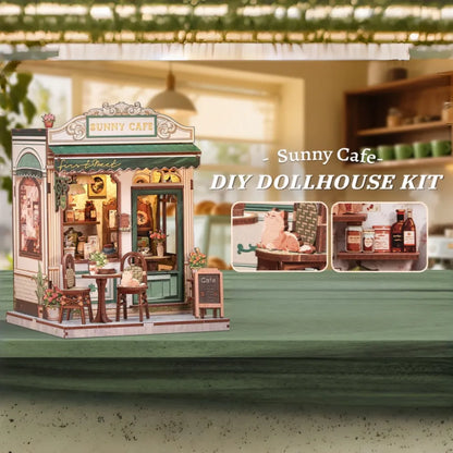 Seitliche Ansicht des Miniatur Haus Bausatz - Sunny Cafe mit gut sichtbaren Elementen