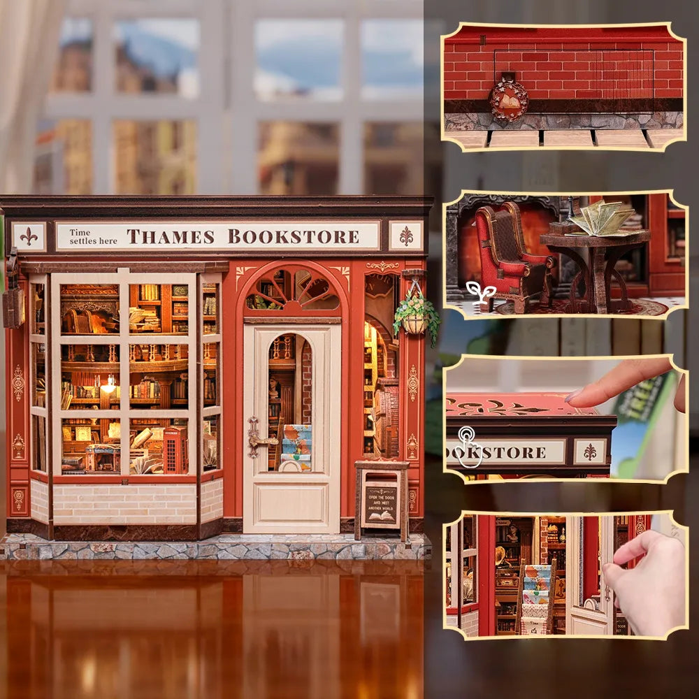 Nahaufnahme des Miniatur Haus Bausatz - Thames Bookstore mit reichhaltigen Details