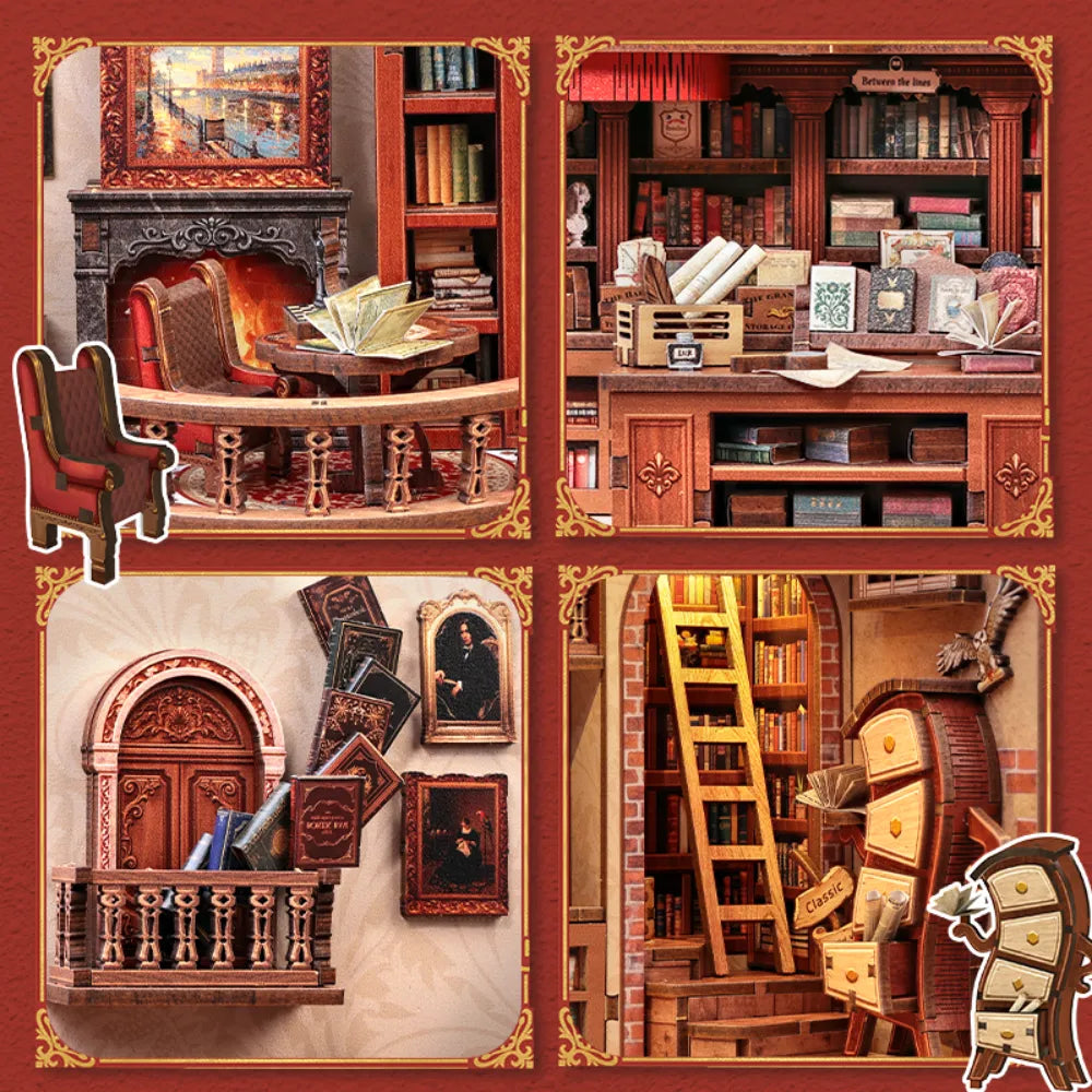 Detailansicht eines dekorativen Elements im Miniatur Haus Bausatz - Thames Bookstore mit feinen Details