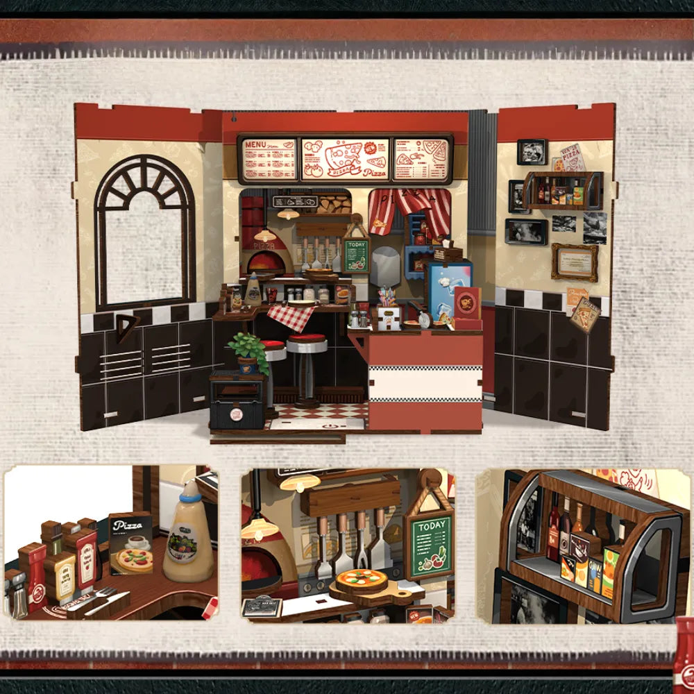 Nahaufnahme des Miniatur Haus Bausatz - Uncle Joe's Pizzeria mit reichhaltigen Details