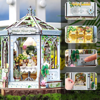 Nahaufnahme des Miniatur Haus Bausatz - Windsor Flower House mit reichhaltigen Details