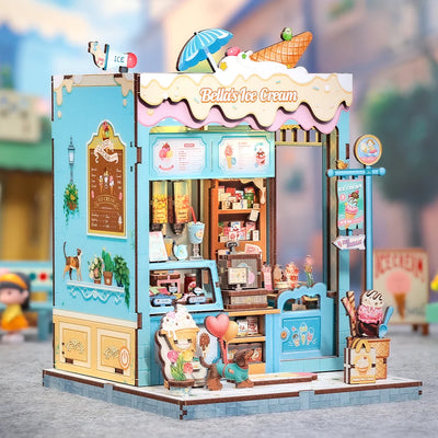 Casa in miniatura Bella's Ice Cream con gelateria aperta, decorazioni e bassotto