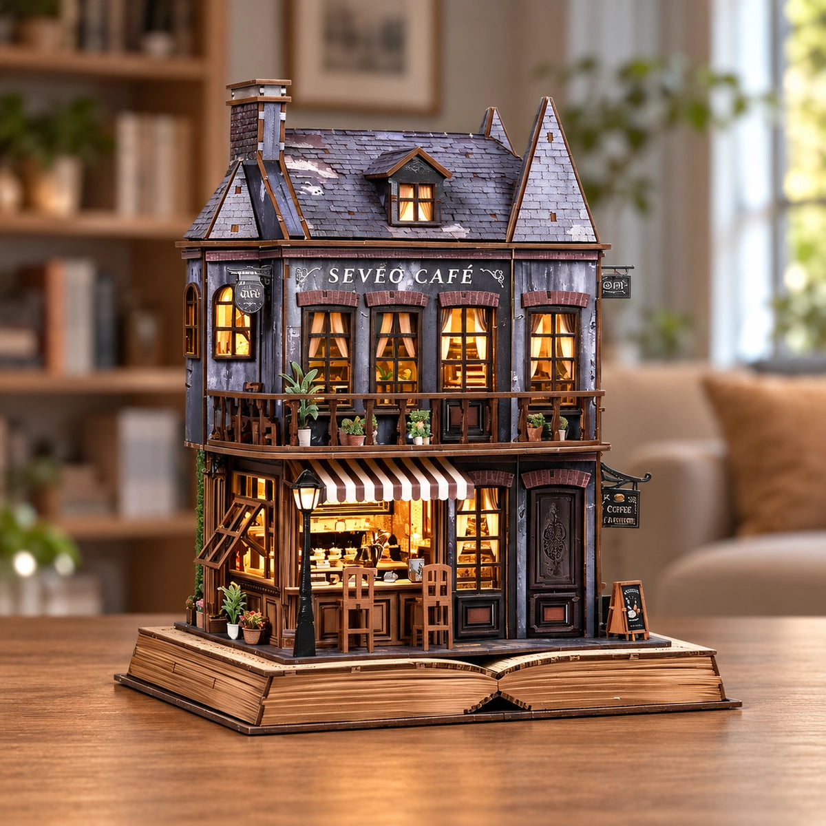 Book Corner Cafe met donkere gevel op een boekvormige voet