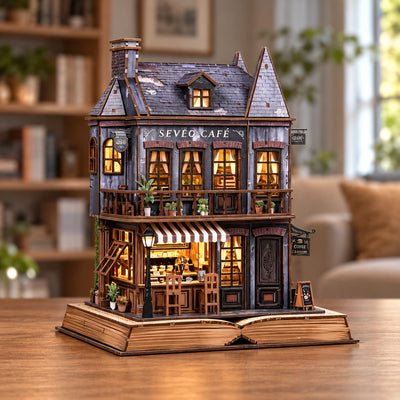 Book Corner Cafe met donkere gevel op een boekvormige voet