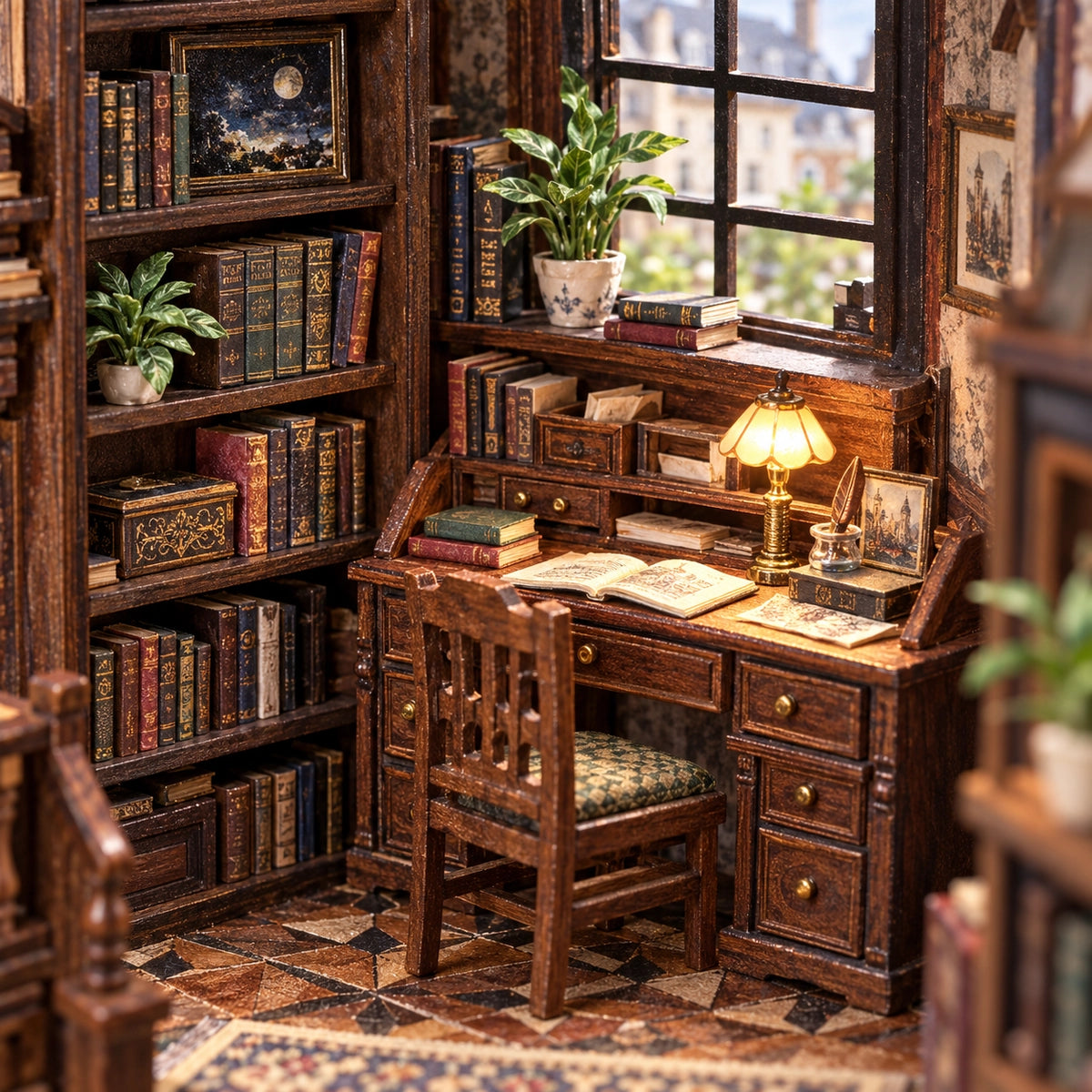 Miniatuurbureau met boeken en lamp bij het raam