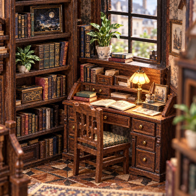 Miniatuurbureau met boeken en lamp bij het raam