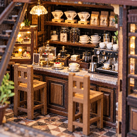 Kleine Kaffeetheke mit Maschine, Tassen und Gebäck