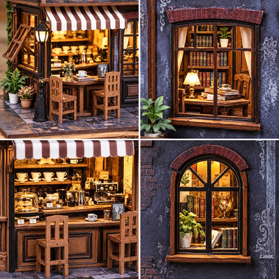 Details van koffiebar, leeskamer, luifel en raam