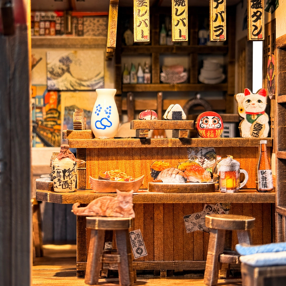 Small counter with food, crockery and a lucky cat