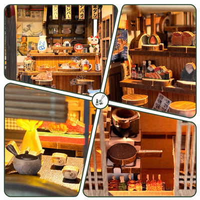 Miniature kitchen collage showing food and work surfaces