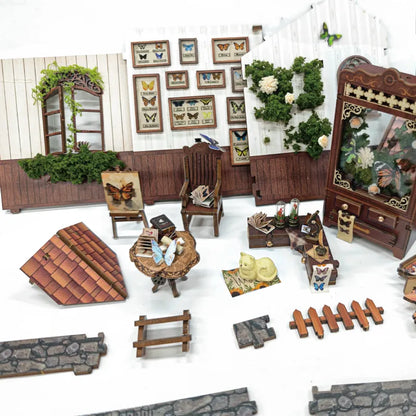Detailansicht des Miniatur Haus - Butterfly House mit präzise geschnittenen Holzteilen aus hochwertigem Material