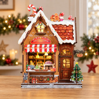 Vorderansicht des Lebkuchenladens mit Weihnachtsbaum