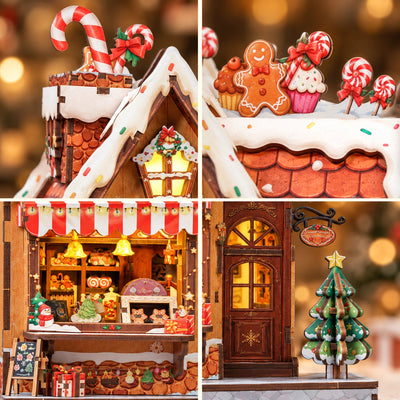 Details von Süßigkeitendach und Lebkuchenladen-Fassade