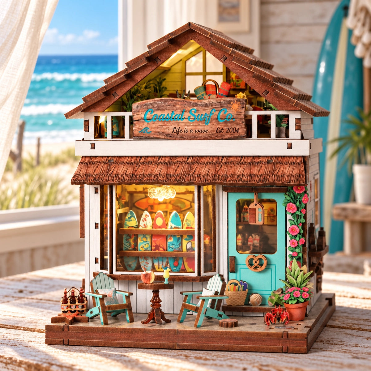 Coastal Highway Surf Shop z turkusowymi drzwiami, deskami surfingowymi i krzesłami