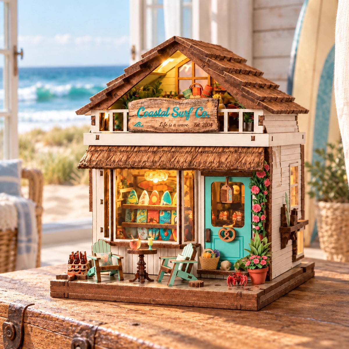 Model sklepu pod kątem z tarasem i oświetlonym wnętrzem