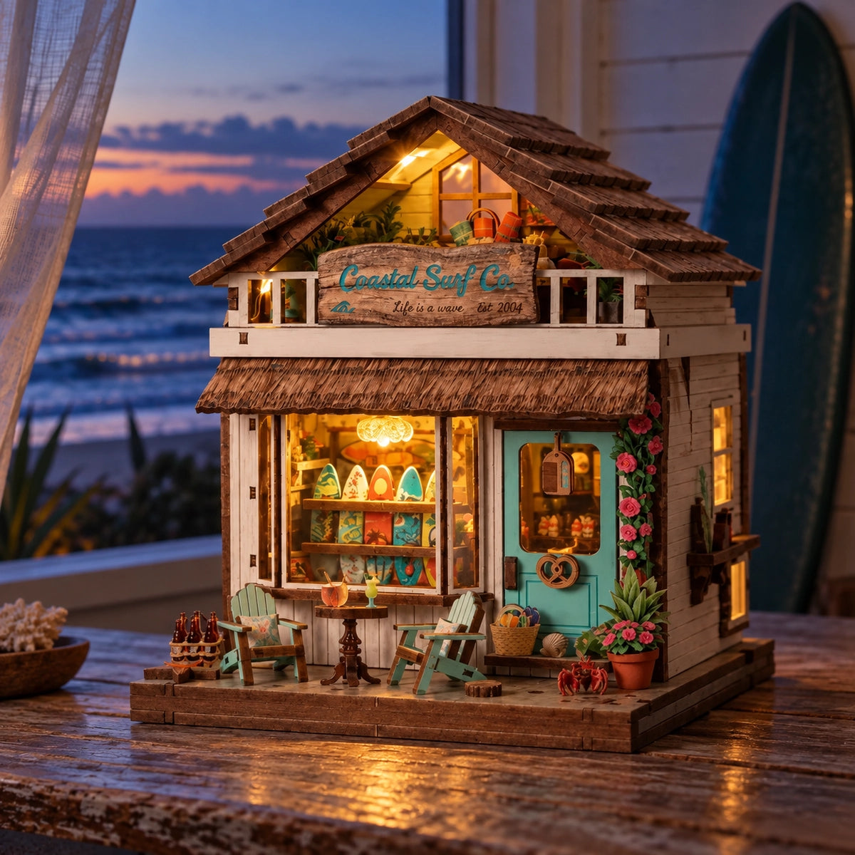 Oświetlony Coastal Highway Surf Shop w wieczornej nadmorskiej scenerii