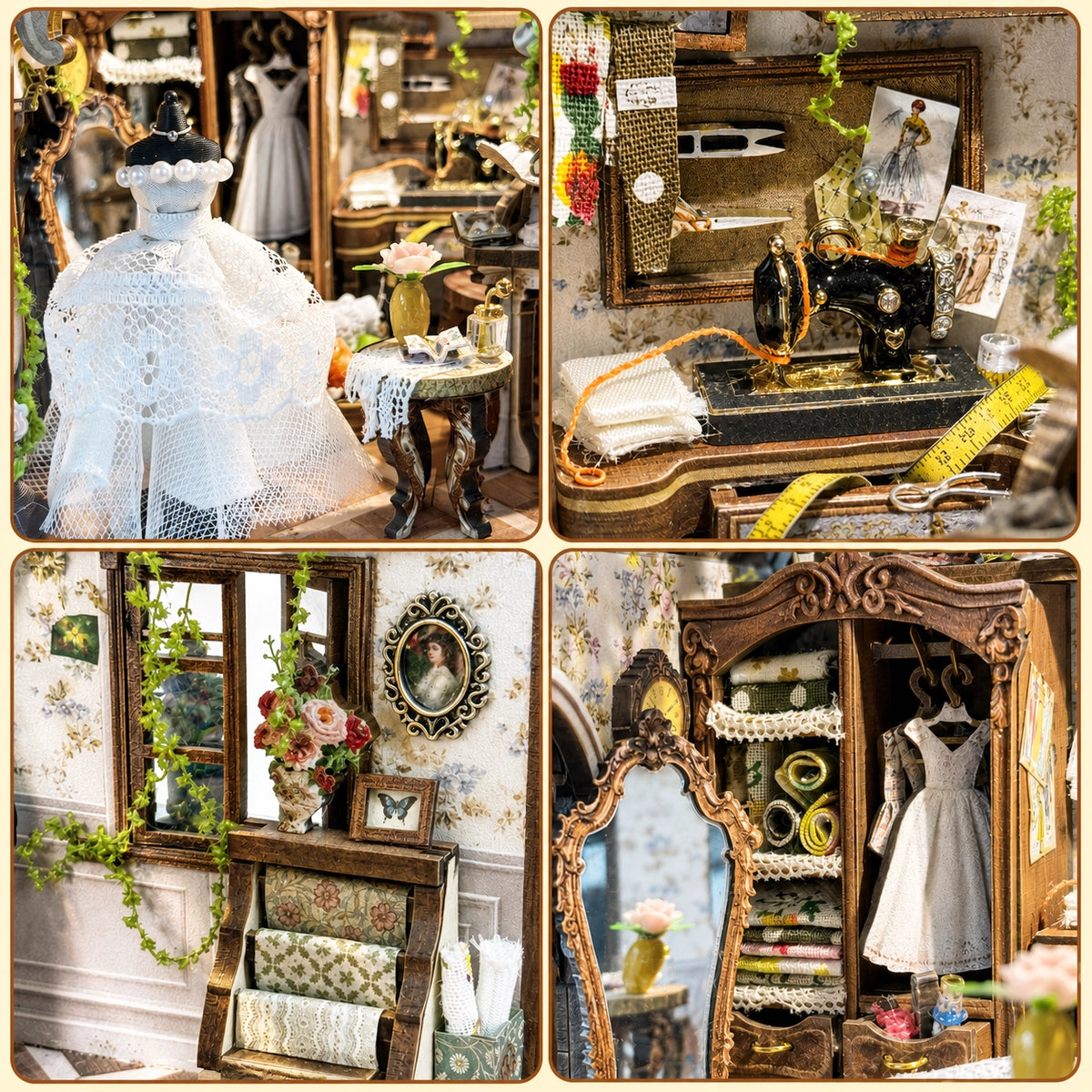Details von Spitzenkleid, Nähmaschine, Stoffschrank und Fensterplatz