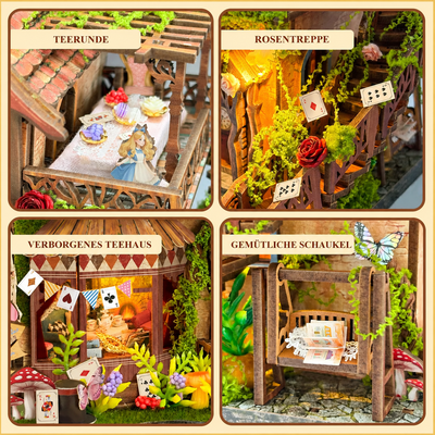 Dreamy Cottage – Detailcollage von Teerunde, Rosentreppe, Teehaus und Gartenschaukel