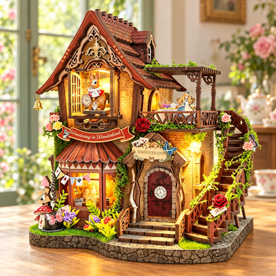 Dreamy Cottage – Vorderansicht mit Hase im Giebel und blühendem Garten