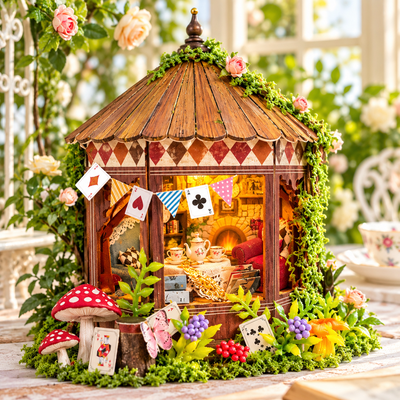 Kleines Teehaus mit gedecktem Tisch, Wimpeln und Blumen