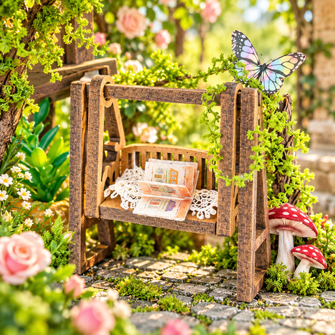 Miniaturschaukel mit Buch zwischen Rosen und Schmetterlingen