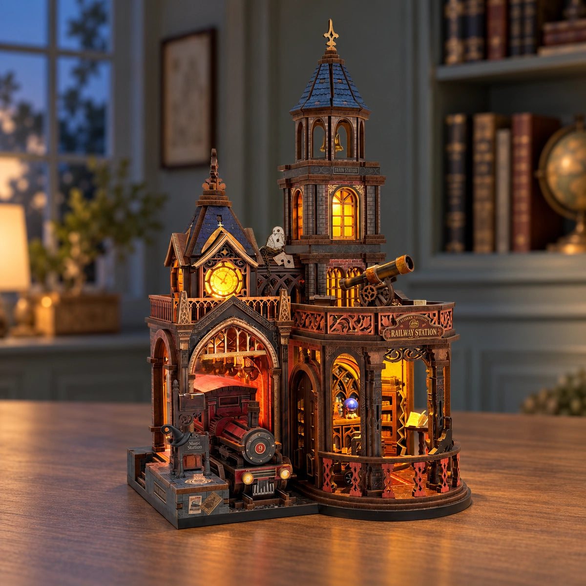 Verlicht miniatuurstation met hoge toren in de avond