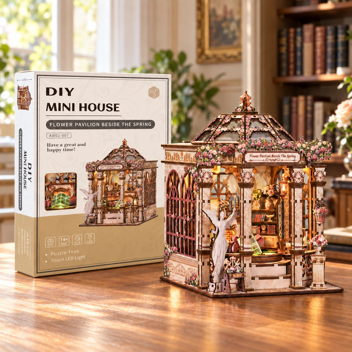 Flower Pavilion Beside The Spring – Miniaturpavillon neben der Produktverpackung