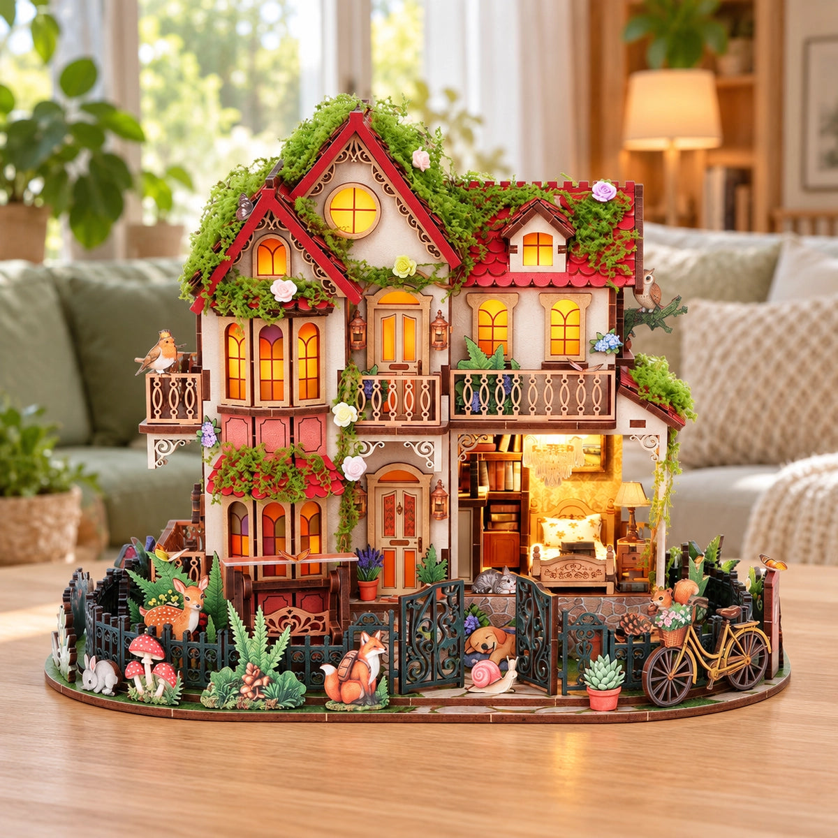 Vista frontale della casa in miniatura con giardino e balconi