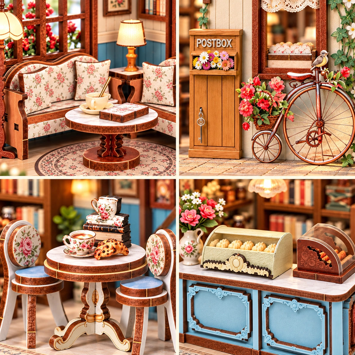 Details of the lounge, counter, table and penny-farthing