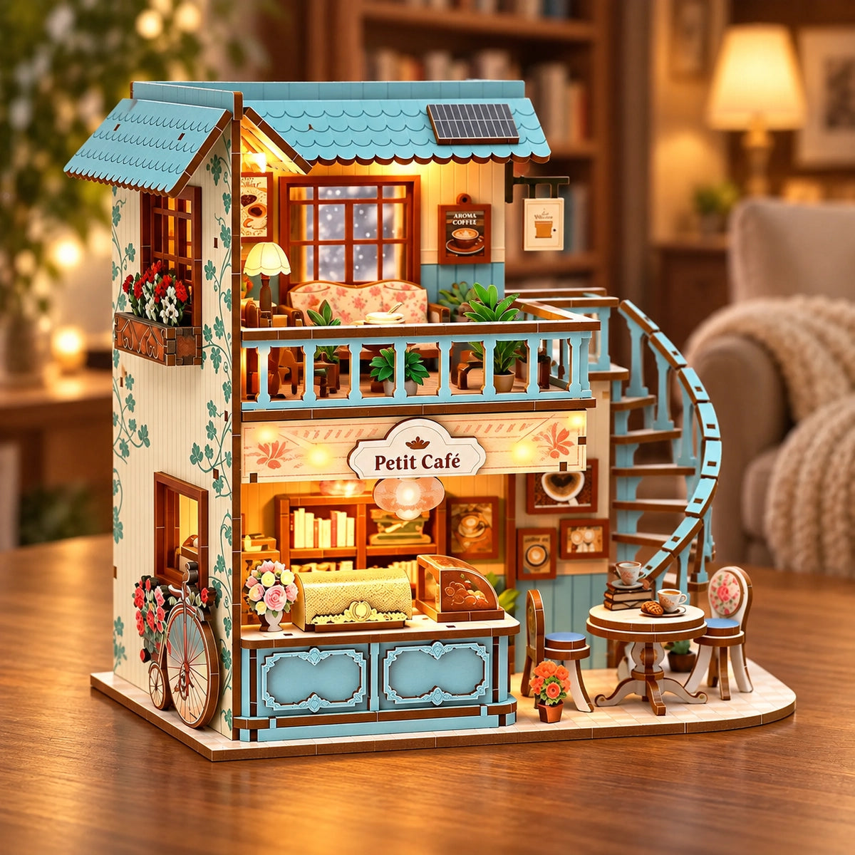 Illuminated miniature café viewed at an angle