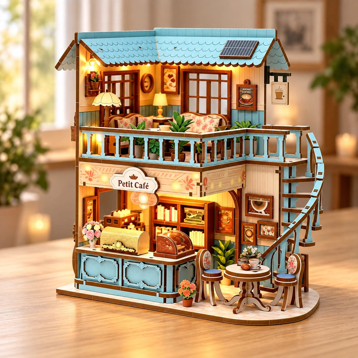 Two-storey miniature café in daylight