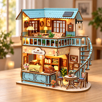 Two-storey miniature café in daylight