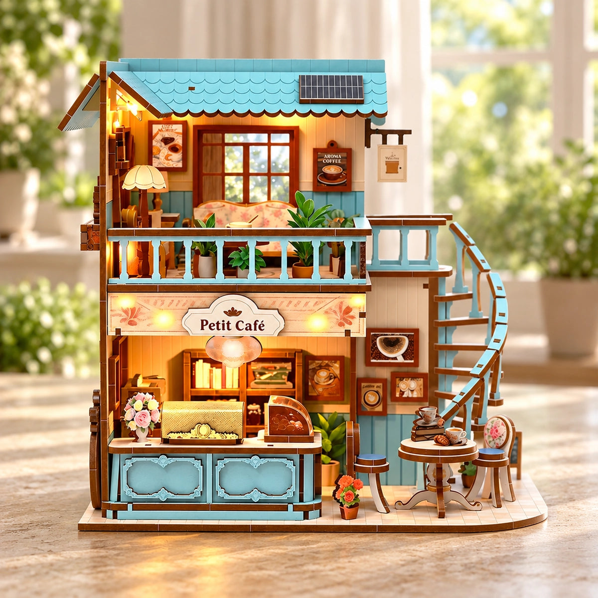 French Romantic Cafe with two floors and a blue outdoor staircase