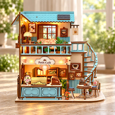 French Romantic Cafe with two floors and a blue outdoor staircase