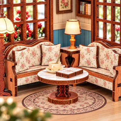 Upstairs lounge with floral sofas and round table