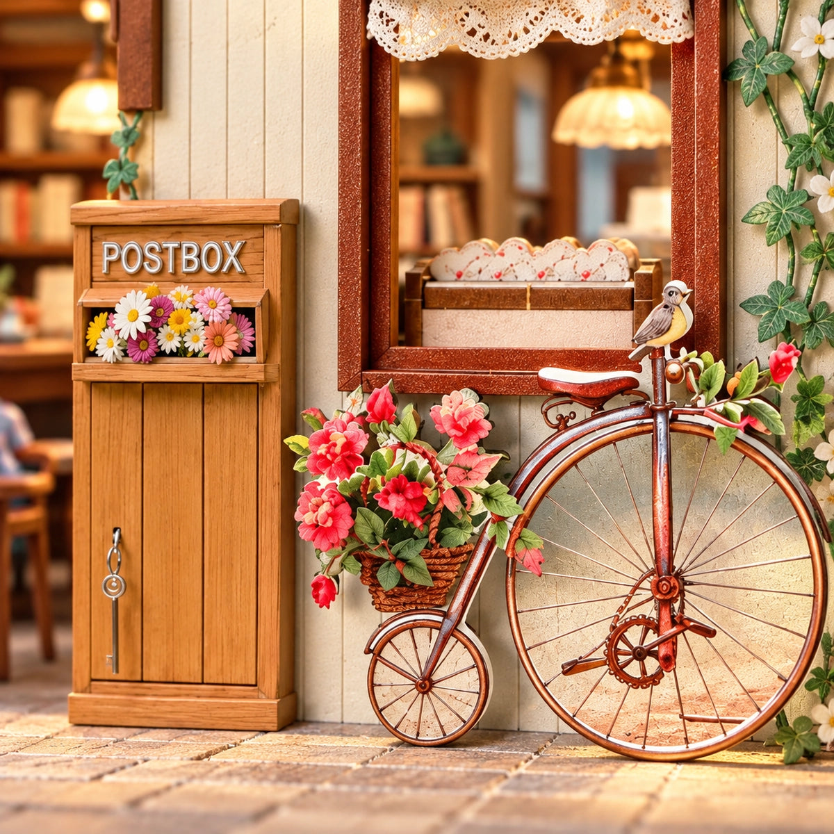 Decorative penny-farthing with flowers beside the postbox