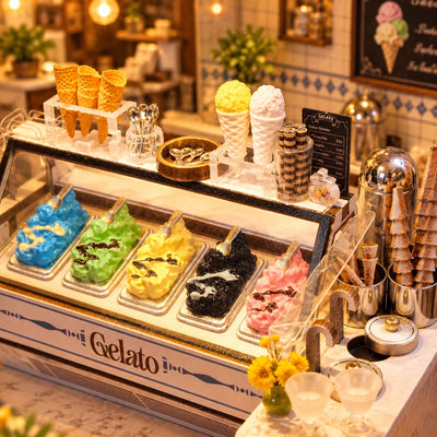 Bunte Eissorten und Waffeln in der Verkaufstheke