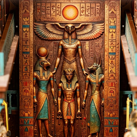 Goldfarbenes Figurenbild mit Flügelmotiv an der Rückwand