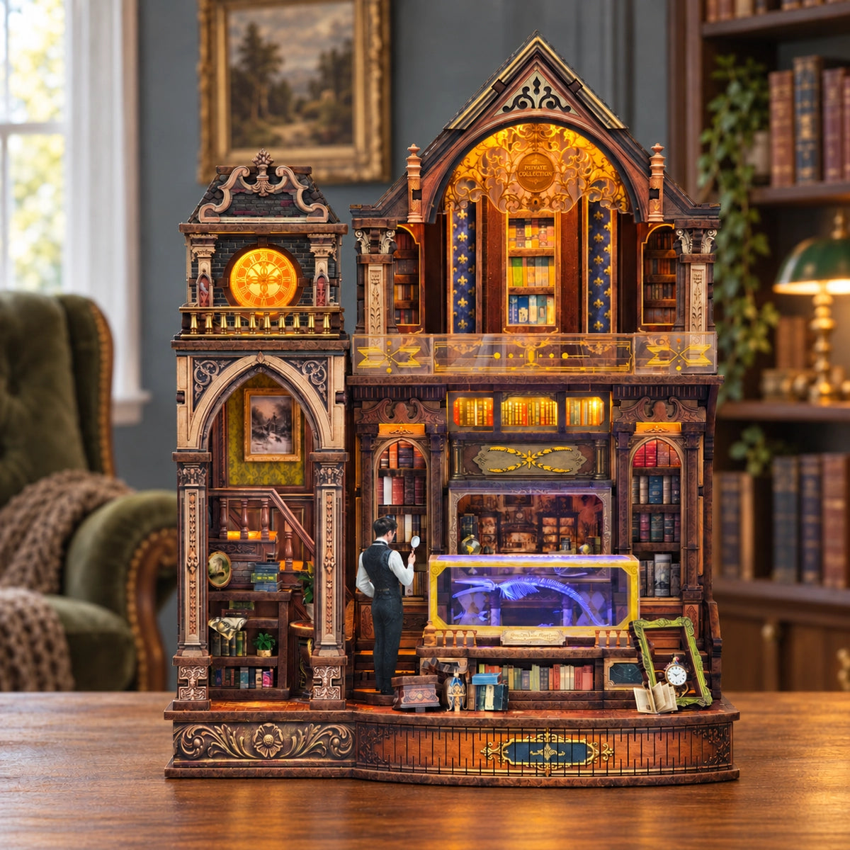 Hildord Collection Chamber con libri e vetrina illuminata di blu