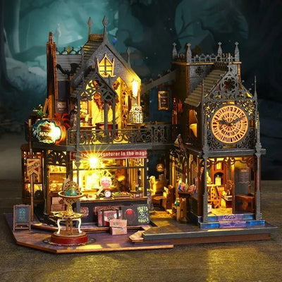Diorama urbano illuminato con più edifici e passaggi