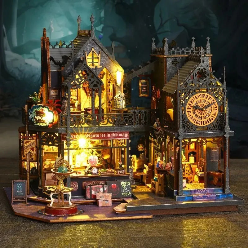 Diorama urbano illuminato con più edifici e passaggi