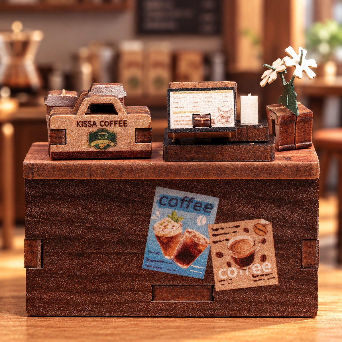 Cartes du café et fleurs sur le comptoir