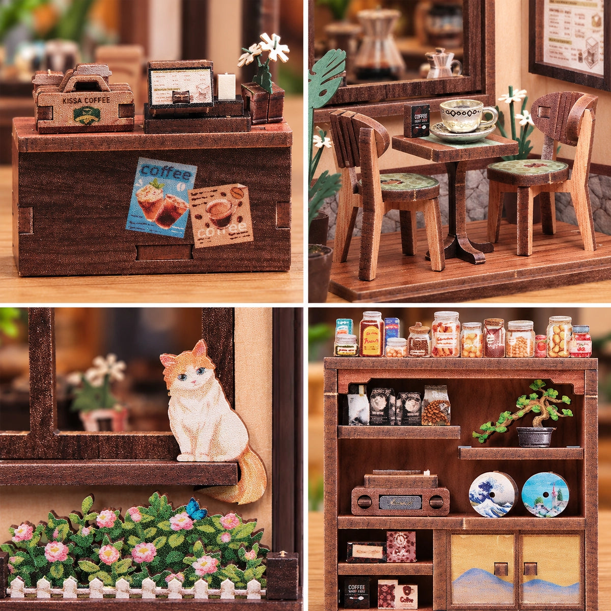 Collage du comptoir, du coin café, du chat et de l'étagère