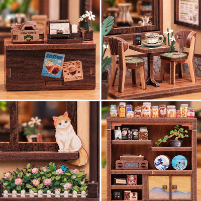 Collage du comptoir, du coin café, du chat et de l'étagère