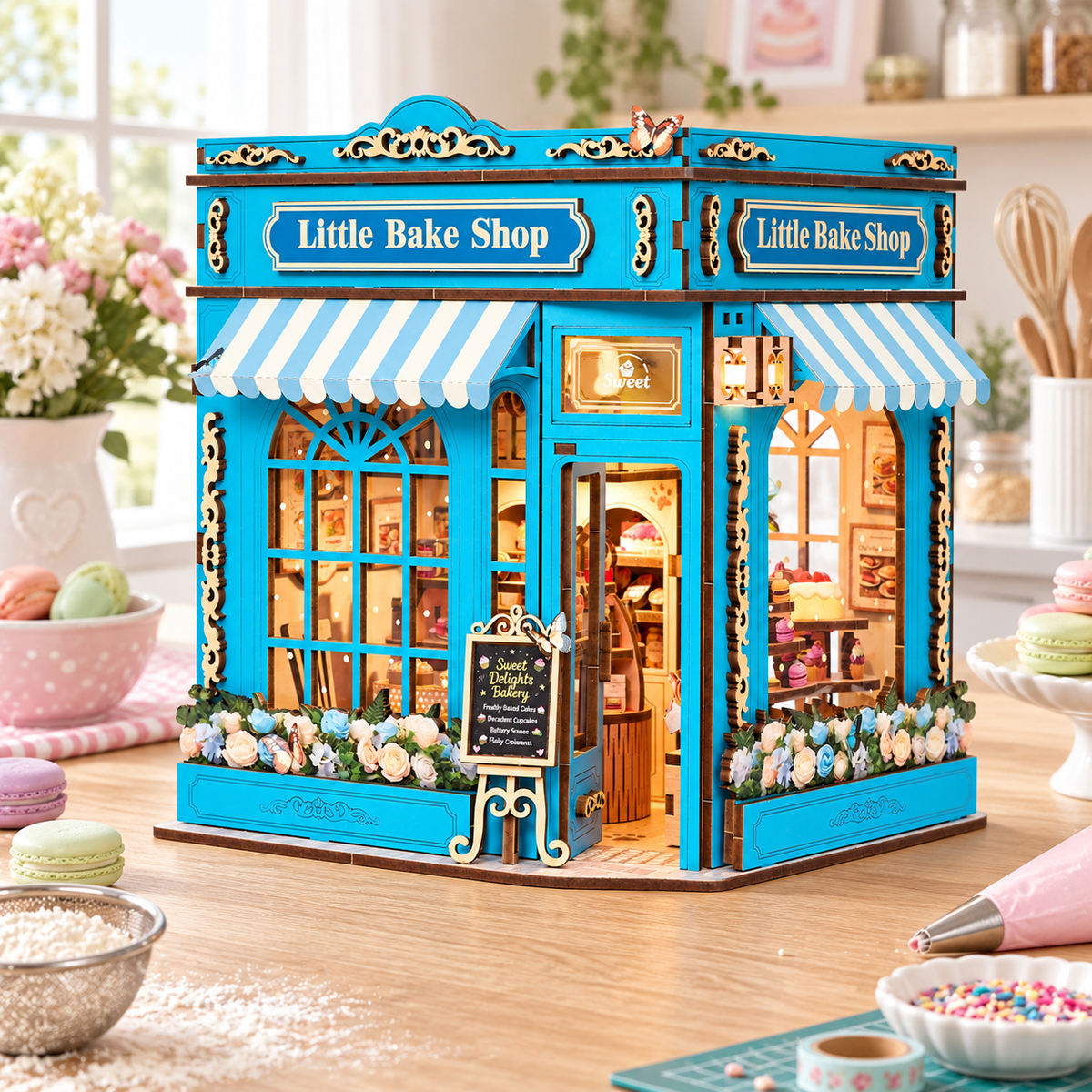 Litte Bake Shop mit türkisblauer Eckfassade und Streifenmarkisen