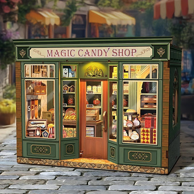 Frontansicht des Magic Candy Shop mit zwei Schaufenstern