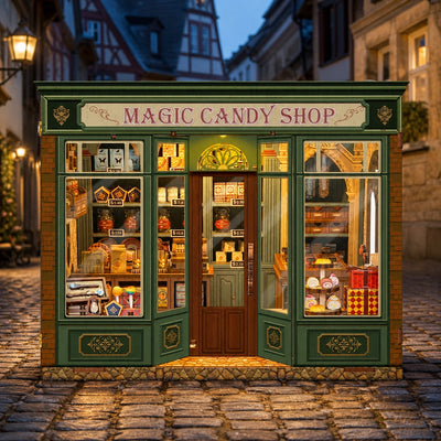 Magic Candy Shop als dunkelgrüner Miniatur-Süßwarenladen in einer Altstadtgasse