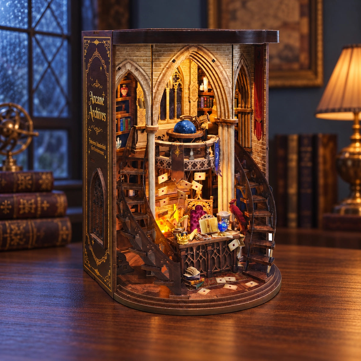 Schrägansicht des beleuchteten Miniatur-Studierzimmers